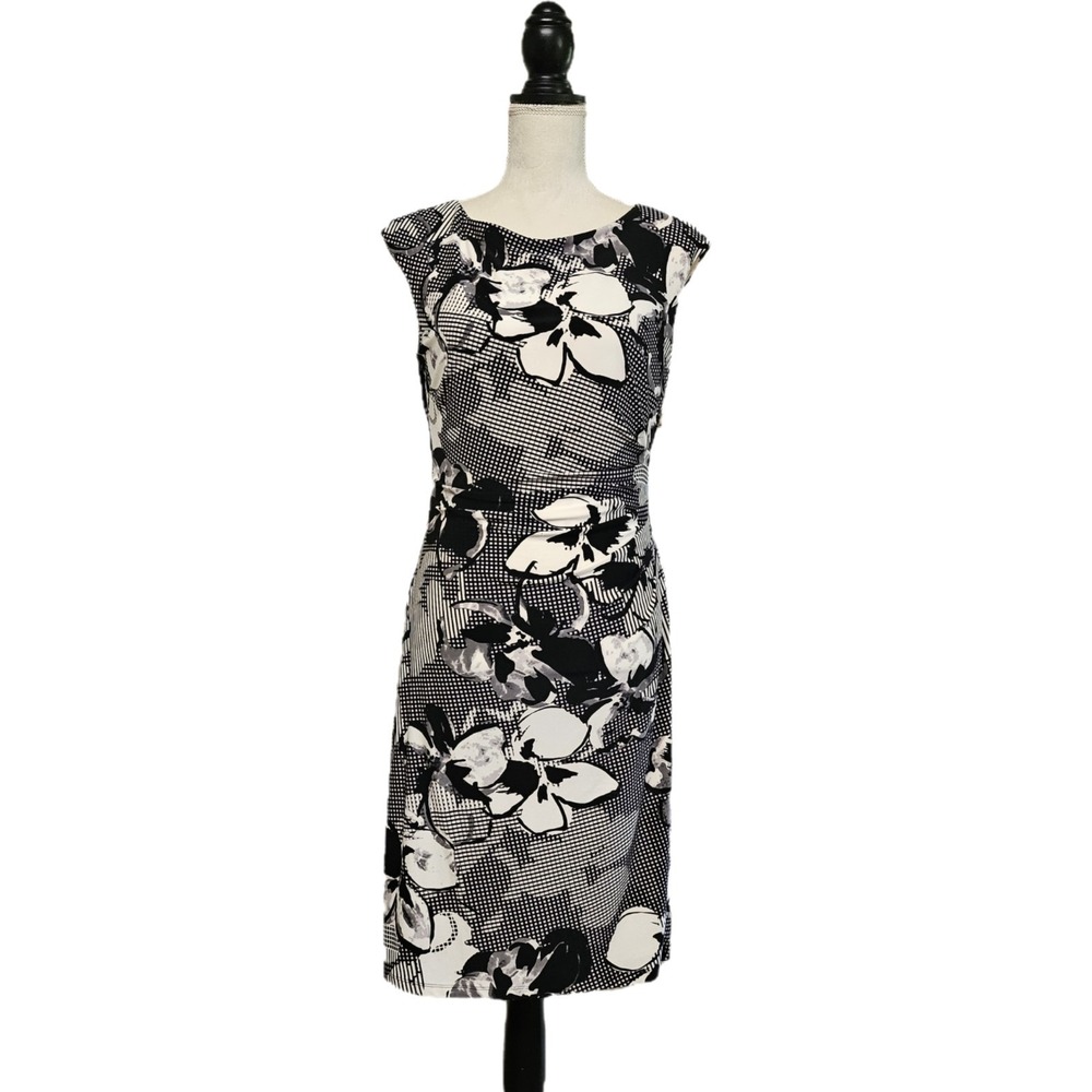 Lauren Ralph Lauren Black & White Floral Ruched Dress Sz 12 Career Sophisticated